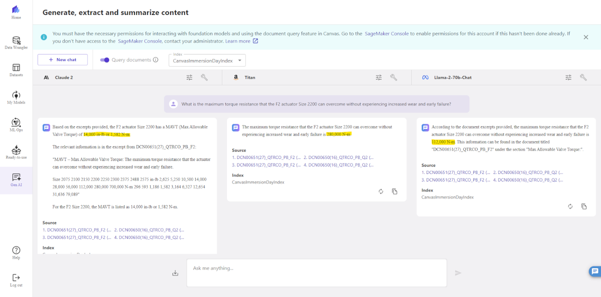 Screenshot of AWS SageMaker Canvas showing a parallel chat conversation posing the same questions to 3 different LLMs