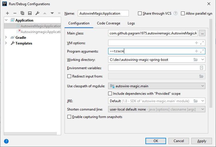 Adding --trace as a program argument in IntelliJ Idea