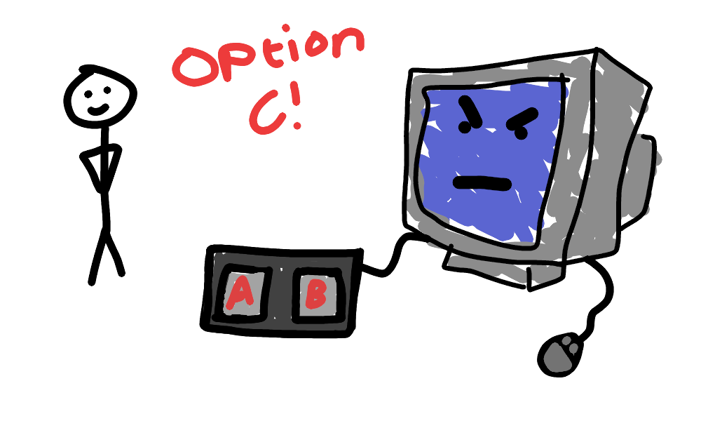 Option A or Option B, asks the computer. The human knows what they want - Option C! Computer is ANGRY!